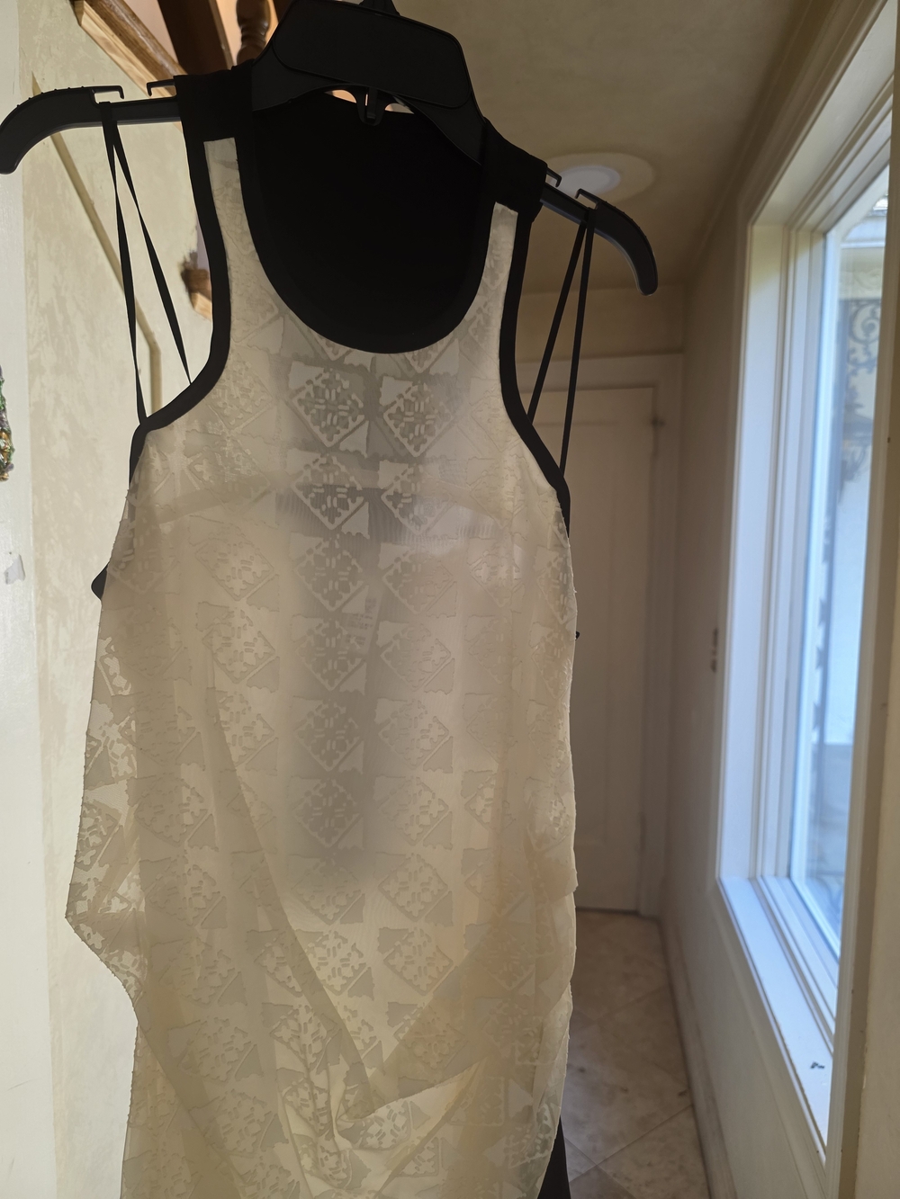 Ivory Sheer Midi Dress with Lace Overlay